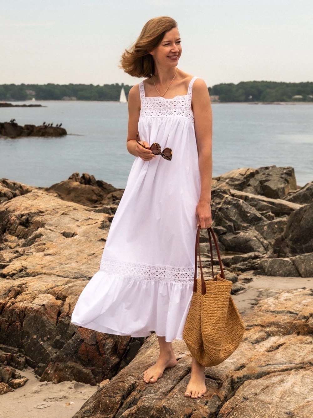 J. Crew White Eyelet-Trim Midi Dress